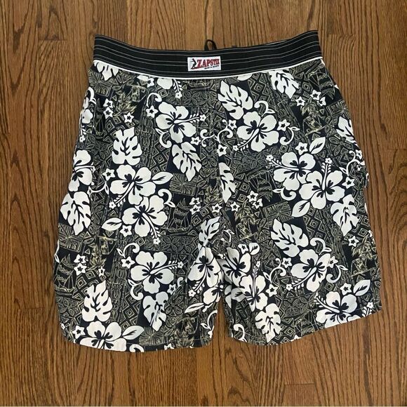 Vintage Zapstix black and white Hawaiian floral board shorts sz 38 - Picture 3 of 5